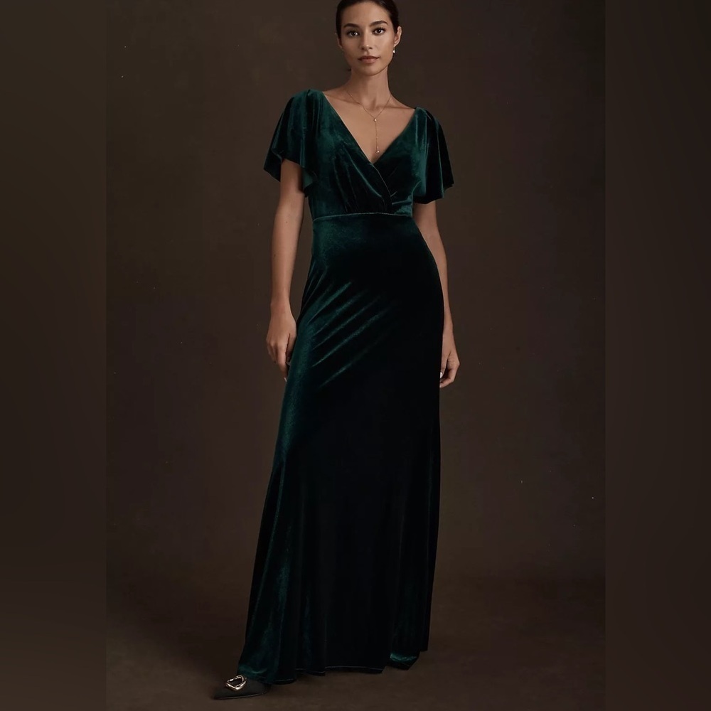 Jenny Yoo Ellis Velvet Open Back Dress (BHLDN) Dark Emerald Size 6 NWT